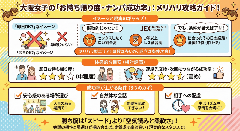 大阪女性のナンパ成功率・お持ち帰り度